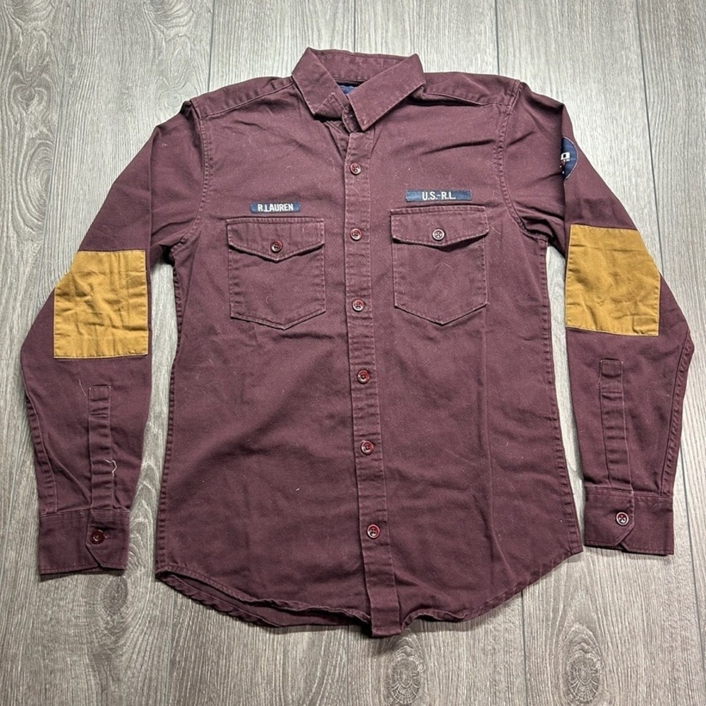 Ralph Lauren Mens Custom Fit Military Shirt Burgundy Space Patch Elbow Pads M